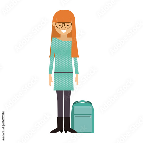 avatar woman smiling with backpack on the floor over white background. hipster style design. vector illustration
