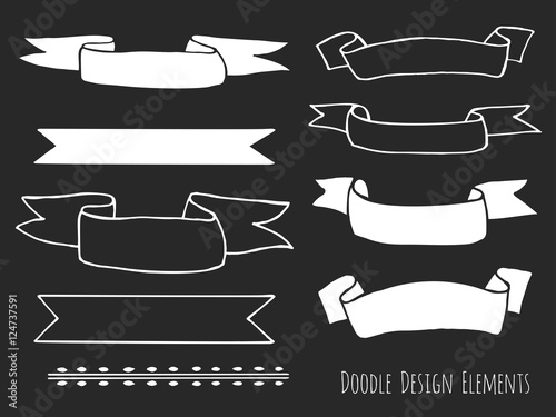 Collection of hand drawn doodle design elements isolated on black background. Set of handdrawn dragonfly, borders, laurel wreath, floral dividers, bunting flags. Sketched shapes. Vector illustration.