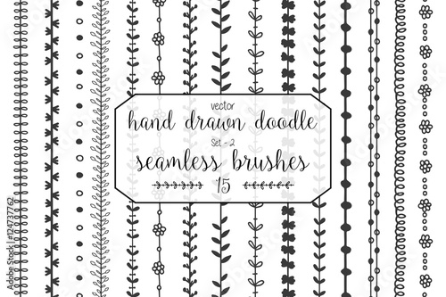 Set of hand drawn doodle seamless decorative brushes for dividers, borders, ornaments, frames, borders and design elements isolated on white background. Vector brushes are included in the brush panel.