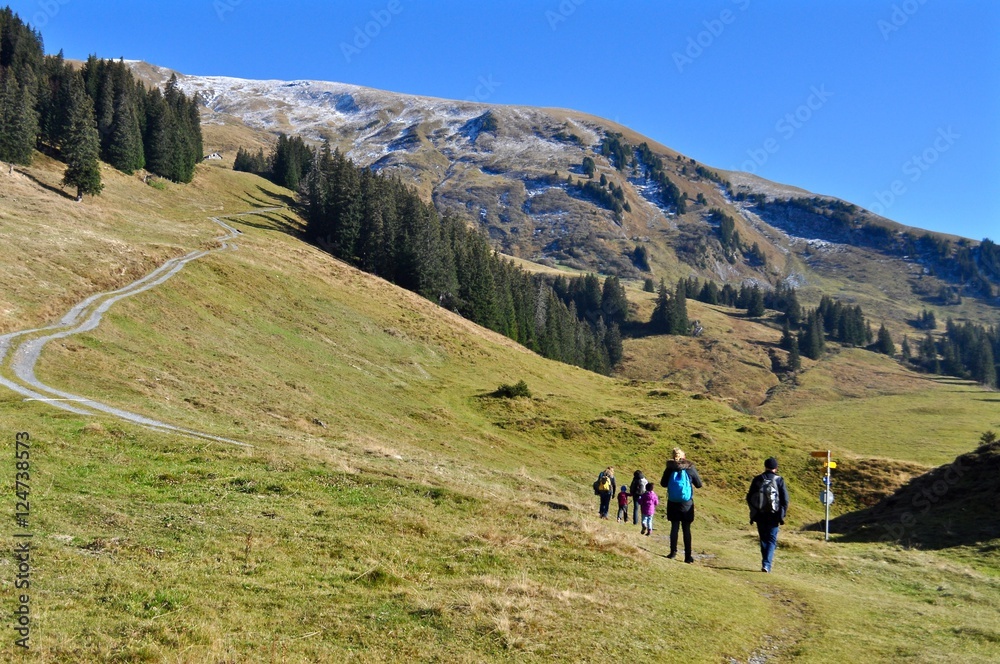Schweizer Bergwelt, im Berner Oberland mit Wanderer am Wanderweg