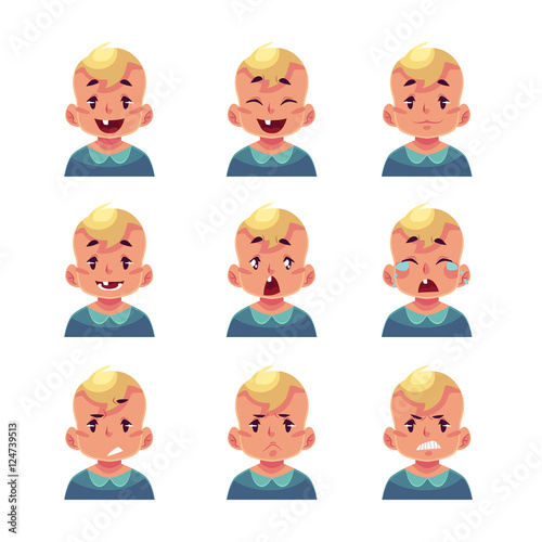 Little boy face expression, set of cartoon vector illustrations isolated on white background. Blond male kid emoji face icons, facial expressions, set of baby boy avatars with different emotions