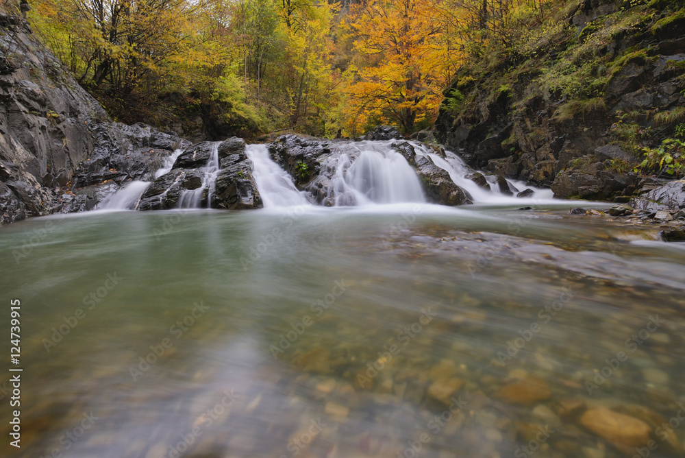 Obraz premium Beautiful waterfall in forest, autumn landscape with lots of red and yellow fallen leaves, long exposure