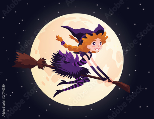 Cute redhead witch flying on a broom and smiling.