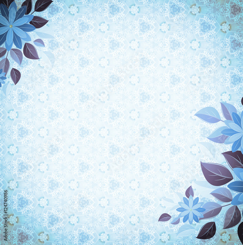 Vintage vignette with floral corners, blue
