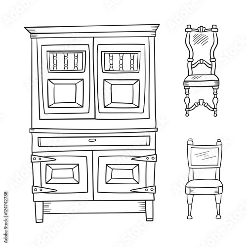 Antique furniture set: closet and chairs isolated on a white bac