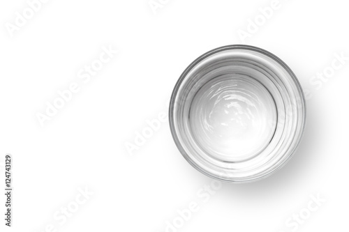 Cup of water on white background, Top view.