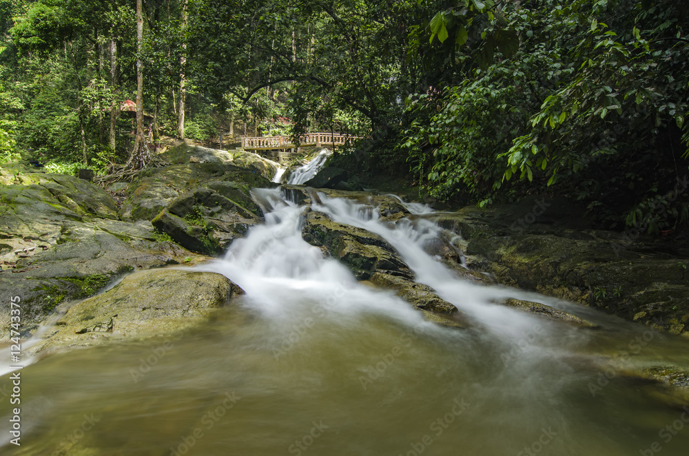 beautiful in nature, amazing cascading tropical waterfall. wet and mossy rock, surrounded by green rain forest beautiful in nature, amazing cascading tropical waterfall. wet and mossy rock, surrounded by green rain forest