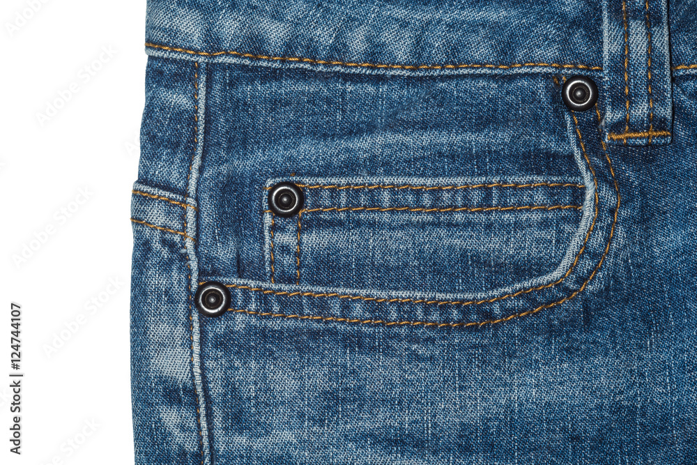 Pocket of blue women's jeans with metal buttons on the white background Pocket of blue women's jeans with metal buttons on the white background