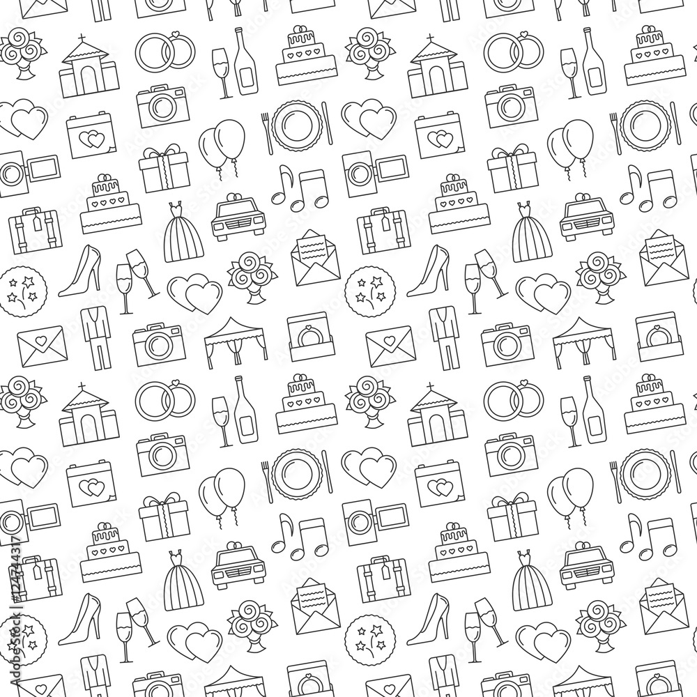 Wedding background. Seamless pattern of wedding object. Cartoon wedding symbols. Outline icons, black and white.