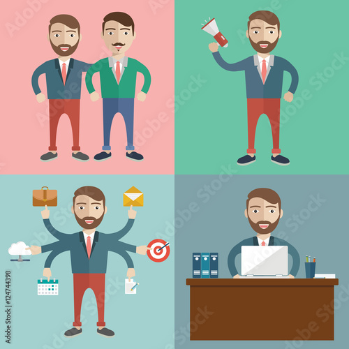 Concept of businessman with task, multitasking, marketing, office work and colleges