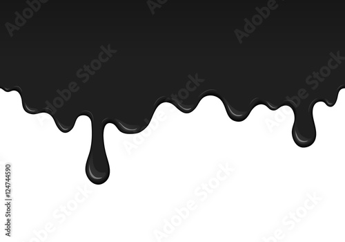 Flow ink drops. Splash oil flowing and drip. Splatter and droplet of black liquid. Abstract stain and blob of paint - vector desin element. Illustration isolated on white background.