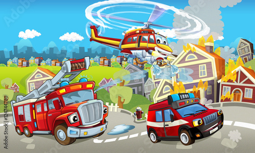 Fototapeta Naklejka Na Ścianę i Meble -  Cartoon stage with different machines for firefighting - colorful and cheerful scene - illustration for children