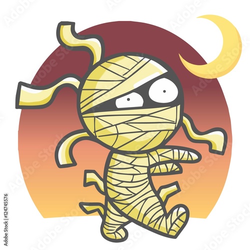 Funny Halloween mummy walking around with crescent moon background.