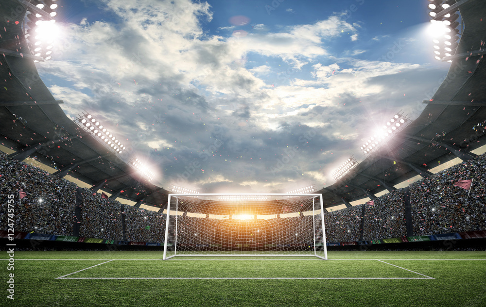Fototapeta Wyimaginowany stadion piłkarski i słupek bramki, renderowania 3d