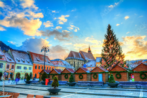 Beautiful panorama in Brasov town in Christmas market time, at sunset