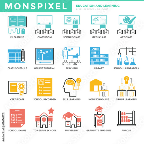 Flat thin line Icons set of Education and Learning. Pixel Perfec