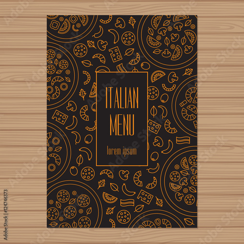 Pizza menu design. A4 size layout template. Cover restaurant brochure with modern line graphic. Vector illustration.