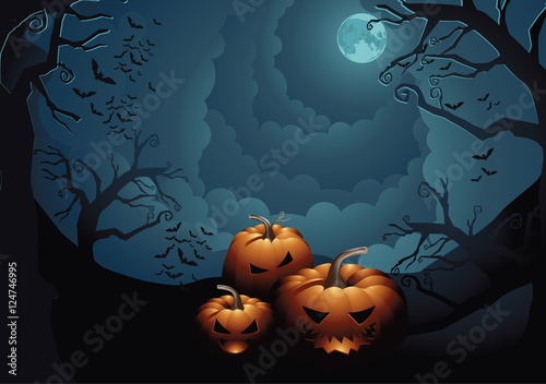 
Halloween party background with pumpkins, creepy trees and moon. EPS 10 vector