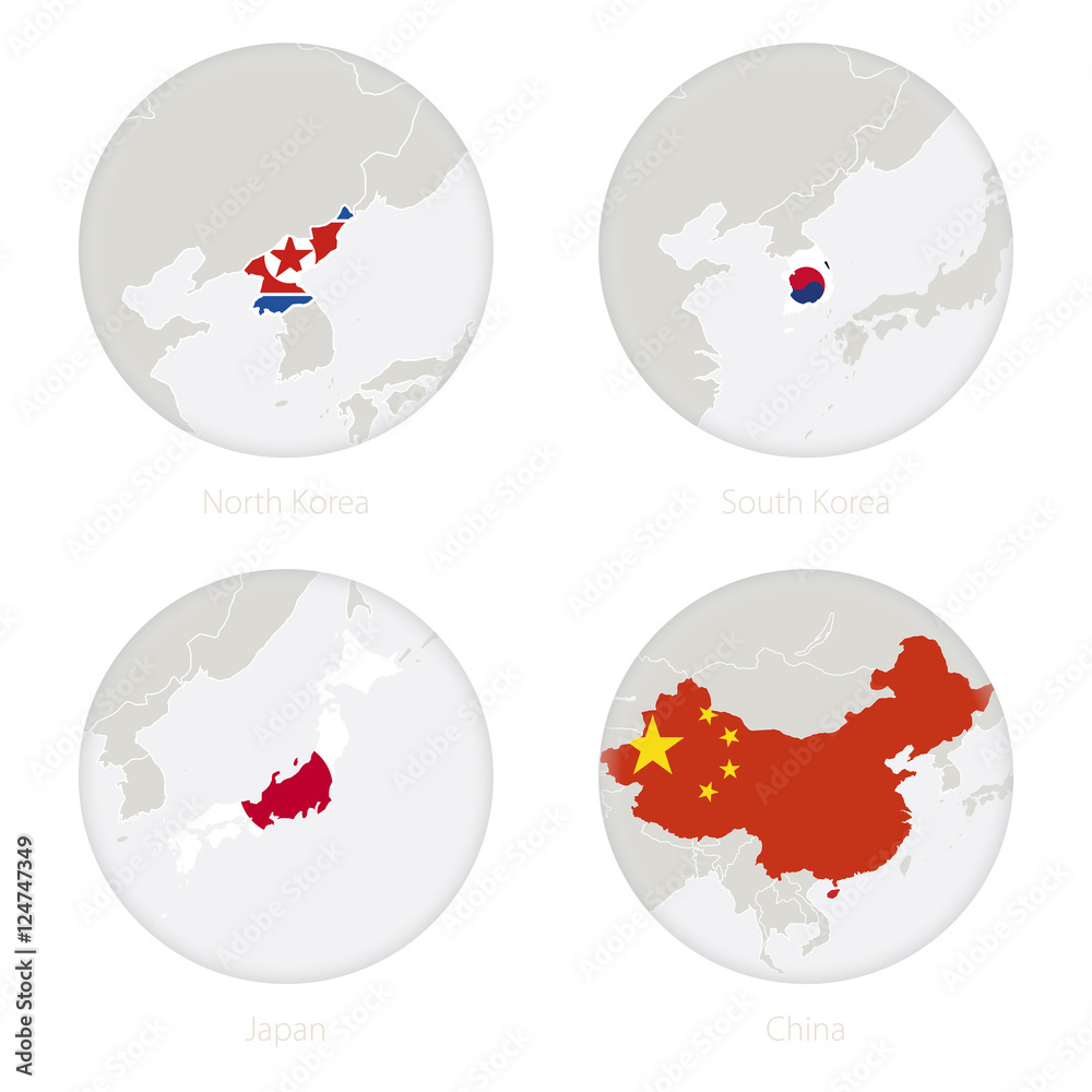 North Korea, South Korea, Japan, China map contour and national flag in