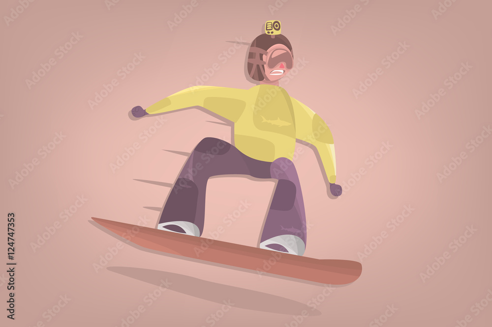Comic boy on snowboard. Vector cartoon isolated character. Snowboarder makes freestyle jump.