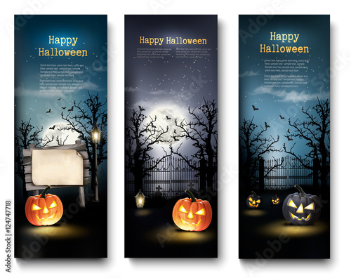 Three Holiday Halloween Banners with Pumpkins. Vector