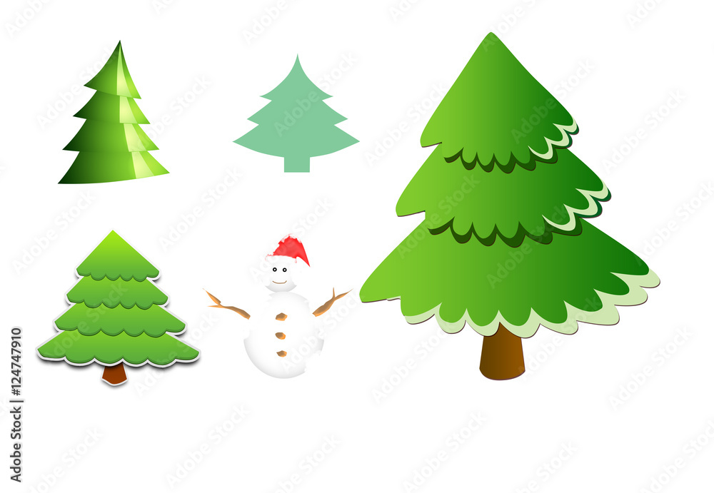 Christmas trees and snowman, digitally created by computer software