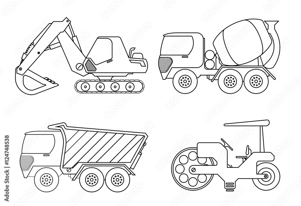 Строительная техника раскраски для детей распечатать Coloring book for kids Vector illustration of crane car, cement Векторне зображе