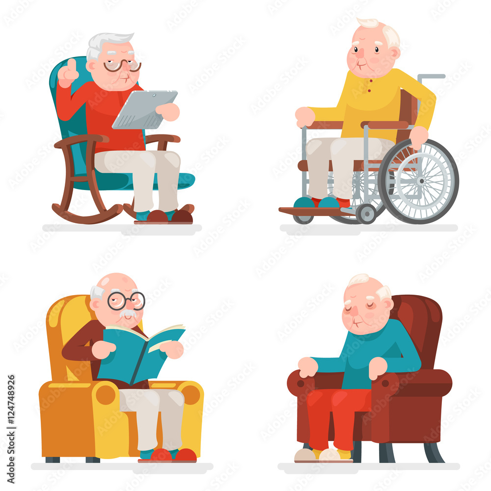 Old Man Characters Sit Sleep Web Surfing Read Armchair Wheelchair Adult Icons Set Cartoon Design Vector Illustration