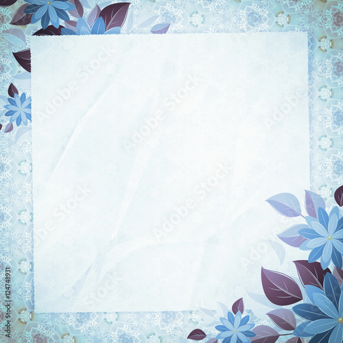 Vintage vignette with blank paper and floral angles, blue