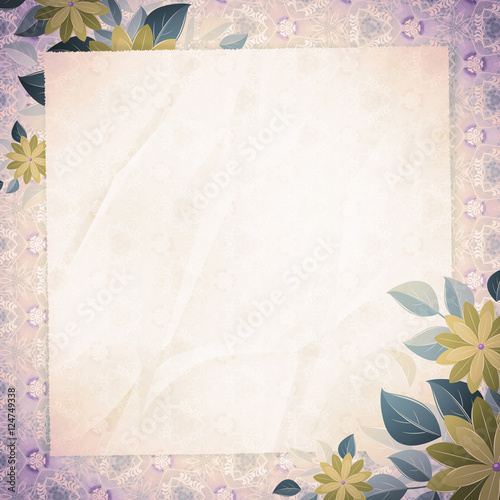 Vintage vignette with blank paper and floral corners, beige and