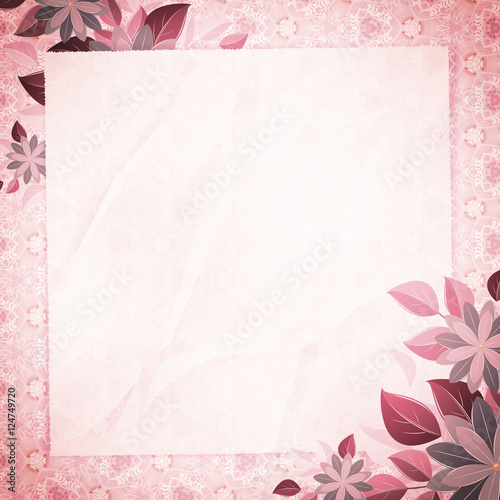 Vintage vignette with blank paper and floral corners, pink
