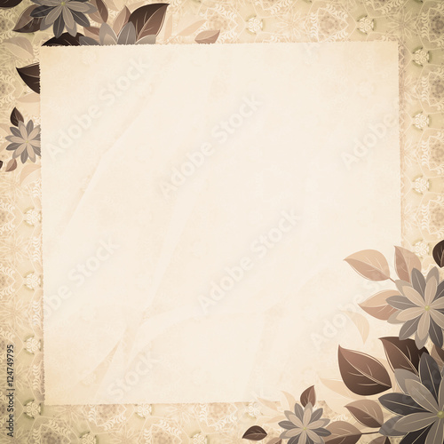 Vintage vignette with blank paper and floral corners, sepia