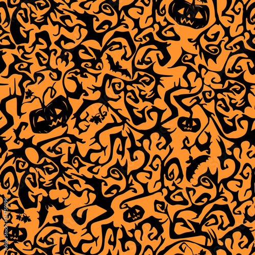 ornate, convoluted seamless pattern in black on a orange background