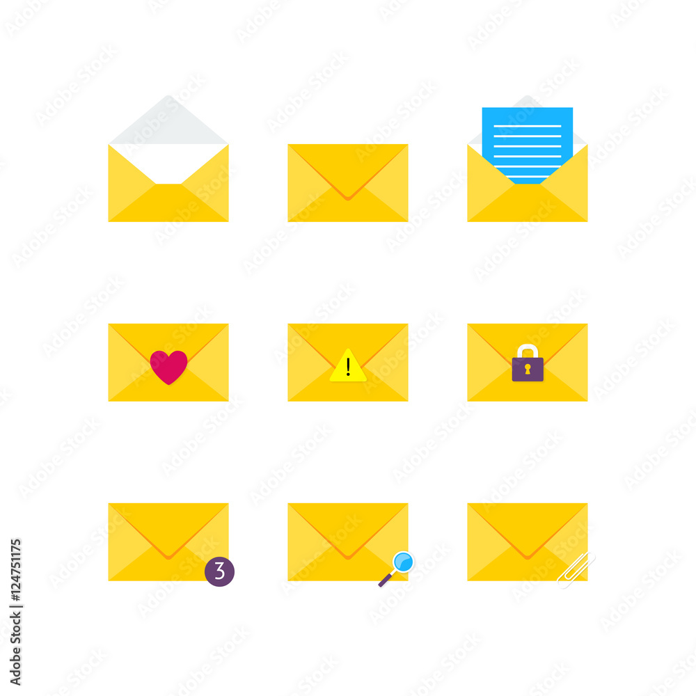 Vector email icon set. Flat design yellow email envelope web icon pack. Vector email icon set. Flat design yellow email envelope web icon pack.