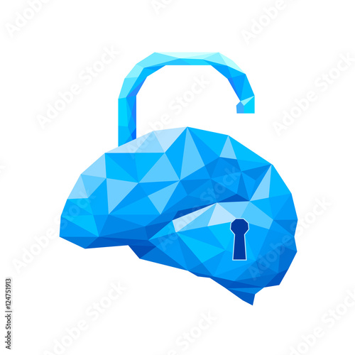 Unlock  brain conceptual illustration. Padlock brain shaped, polygonal style. Isolated on white background.