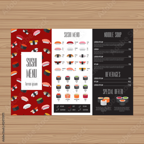 Sushi menu design. Tri-fold leaflet layout template. Japanese food restaurant brochure with modern graphic. Vector illustration.