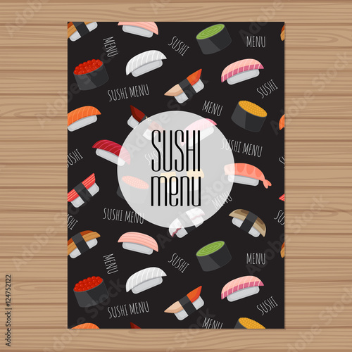 Sushi menu design. A4 size layout template. Cover restaurant brochure with modern  graphic. Japanese cuisine. Vector illustration.