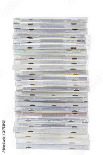 Pile of old compact disc box cd or dvd on white background isola