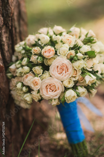 wedding bouquet of beige roses with blue ribbon outdoors on the grass near the tree
