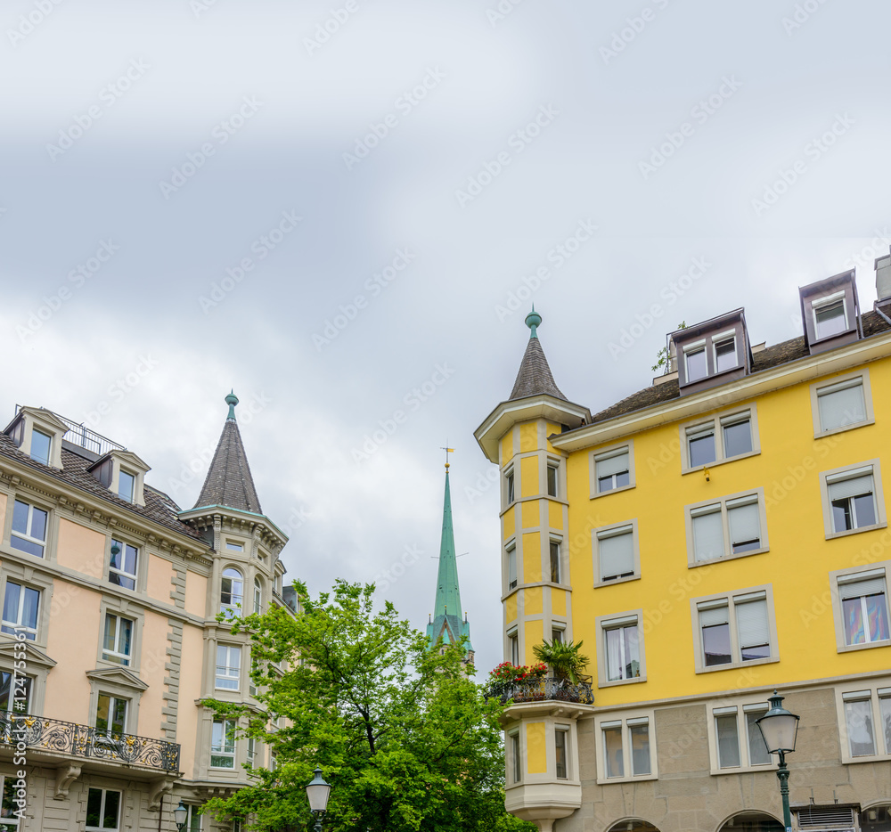 View of historic Zurich city center  on a cloudy day in summer, Canton of Zurich, Switzerland.
