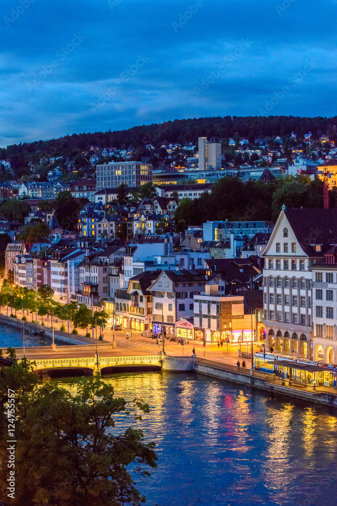Night view of historic Zurich city center  on summer, Canton of Zurich, Switzerland.