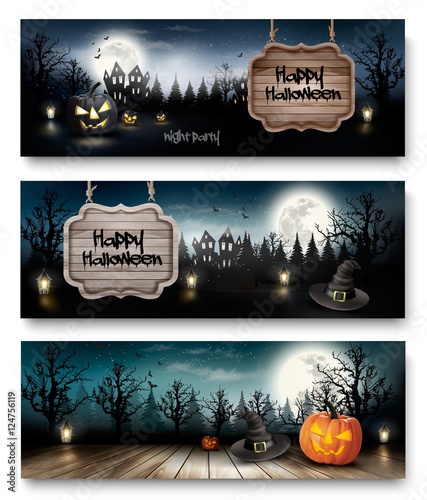 Three Holiday Halloween Banners with Pumpkins. Vector