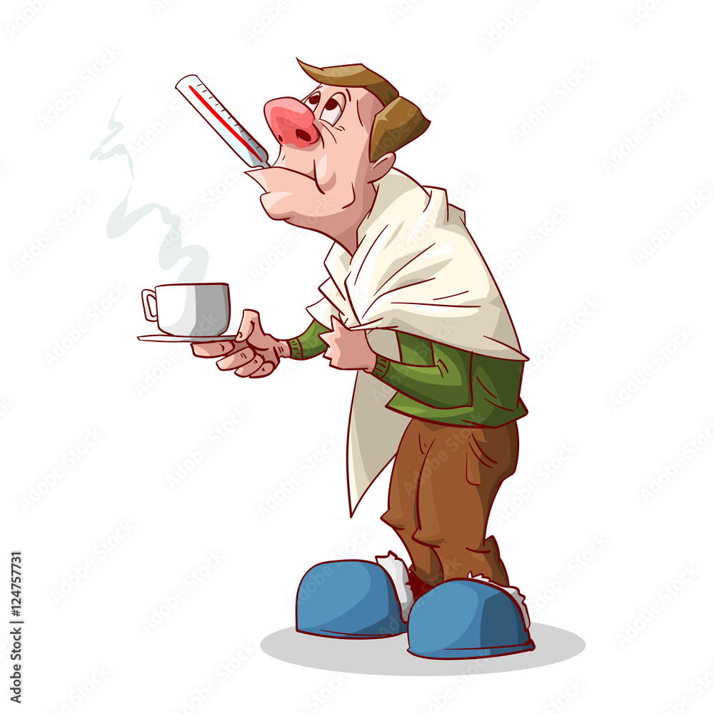 Colorful vector illustration of a cartoon sick man with red nose, having a  cold or a