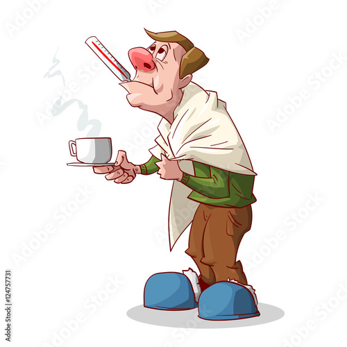 Colorful vector illustration of a cartoon sick man with red nose, having a cold or a flu, with a blanket, holding a glass of hot tea or medicine in his hand and a thermometer in his mouth.