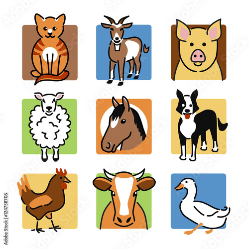 Fototapeta Naklejka Na Ścianę i Meble -  Nine popular farm and pet animals as colour icons