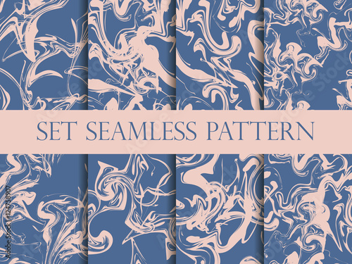 Marbling seamless pattern set. Watercolor marbling illustration. Colors: riverside and pale dogwood. Drawing on the water. Vector illustration.