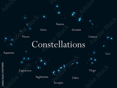 Zodiac signs. Constellations of the zodiac signs, horoscope. Star Cluster. Vector illustrations.