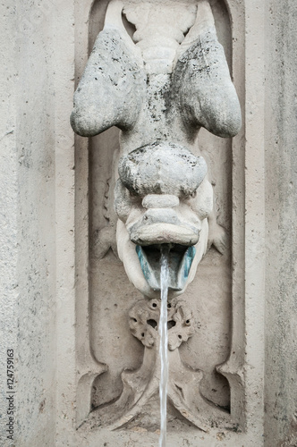 détail gargouille dans une fountaine crachant de l'eau par la bouche photo