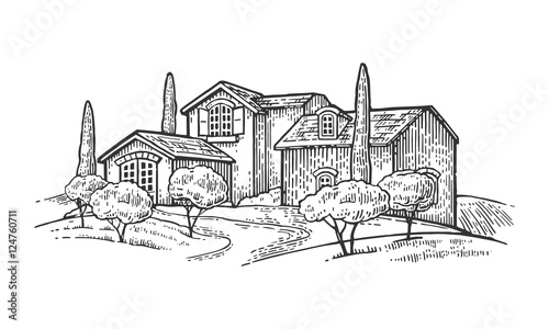 Rural landscape with villa or farm with field, olive tree and cypress