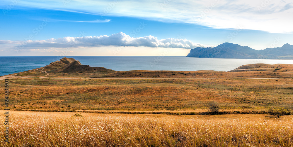 View of Koktebel bay and ancient volcano Karadag, Crimea View of Koktebel bay and ancient volcano Karadag, Crimea